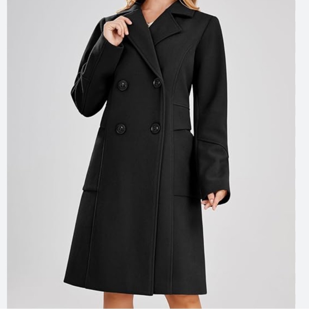 Chou Yatou Double Breasted Wool Blend Black Pea Coat Women’s Sz M with Pocket - Picture 3 of 16